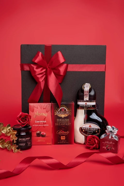 Zestaw prezentowy premium Sheridan’s Delight, zestaw w podziękowaniu, dla lekarza, zestaw bez alkoholu, elegancki zestaw prezentowy dla kobiety, kawa davidoff, prezent dla mamy, prezent urodzinowy, zestaw dla nauczycielki, premium prezent