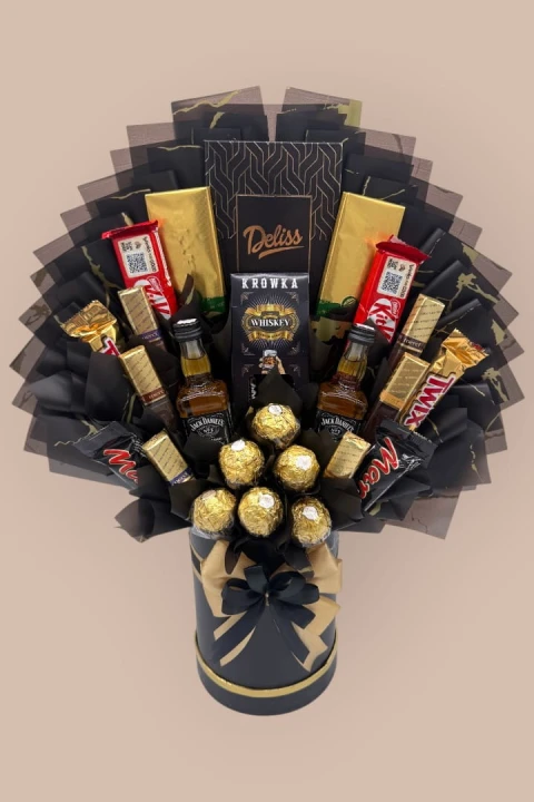 Złoty Start – Ekskluzywny Box na 18. Urodziny z Jack Daniel’s, zestaw urodzinowy, box na 18 urodziny, słodki bukiet, box z whisky i słodyczami na 18 urodziny