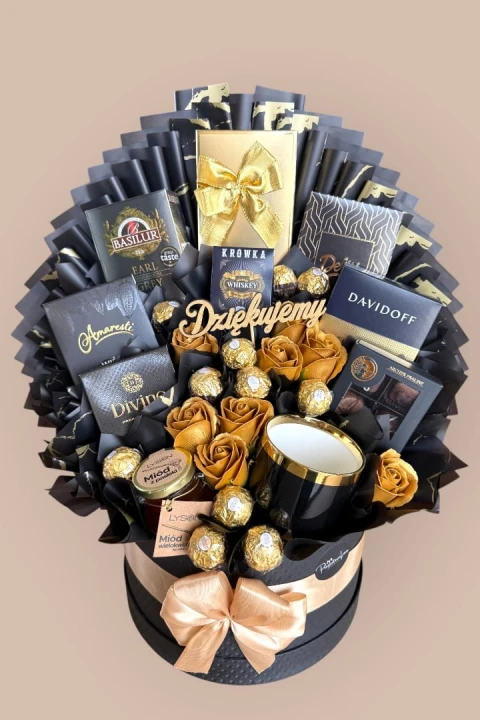 Złota Wdzięczność – Ekskluzywny Box Prezentowy z Kawą, Herbatą i Miodem, elegancki zestaw prezentowy premium, produkty premium, elegancki prezent dla mężczyzny, prezent dla szzefa, prezent bez alkoholu