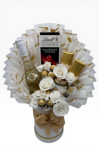 White Gold Delight – Luksusowy Flower Box z Winem i Czekoladą Lindt, zestaw prezentowy dla rodziców, podziękowanie na ślubie , weselu, dla Młodej Pary, Dla Mamy, Dla promotorki.