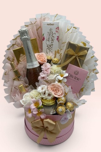Prestige Pink Prosecco – Luksusowy Flower Box z Prosecco i Słodyczami Premium
