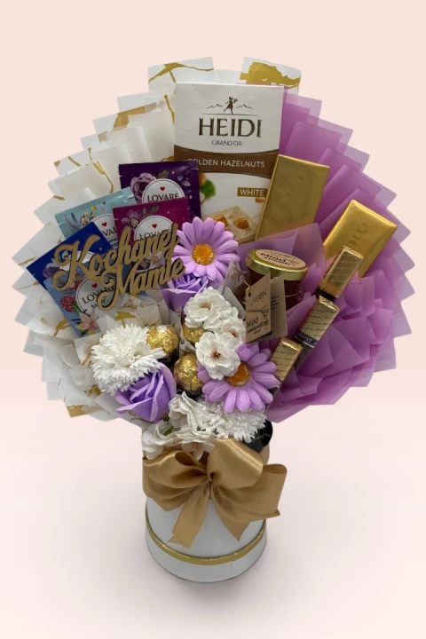 Złoto i Lilia – Flower Box „Kochanej Mamie” z Czekoladą Heidi i Miodem